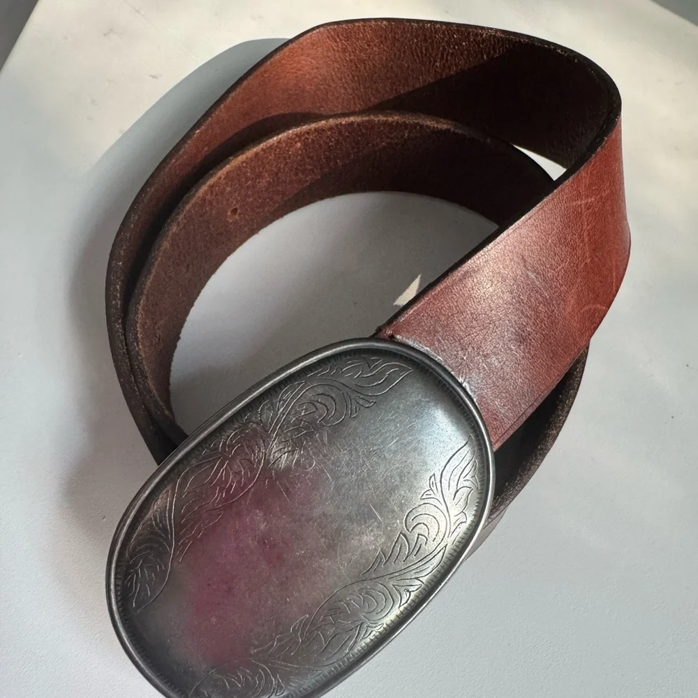 Abercrombie and Fitch Western Tooled Leather Belt Brown Chunky Silver Buckle - Picture 5 of 10